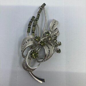 Vtg Continental silver tone filigree green rhinestone crystal 2 3/4" brooch